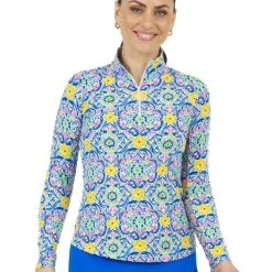 IBKUL Nora Print Long Sleeve Mock Neck Top - Hot Pink Multi