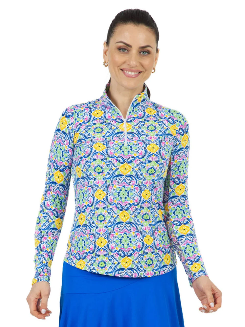 IBKUL Nora Print Long Sleeve Mock Neck Top - Hot Pink Multi 3 IBKUL Nora Print Long Sleeve Mock Neck Top - Hot Pink Multi