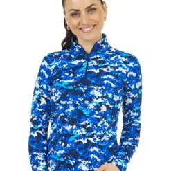 IBKUL Camo Print Long Sleeve Mock Neck Top - Blue/Navy