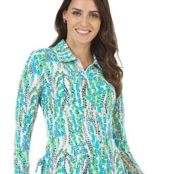 IBKUL Kamila Print Adjustable Long Sleeve Zip Polo - Lime/Navy