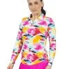 IBKUL Matilda Print Adjustable Long Sleeve Zip Polo - Hot Pink Multi