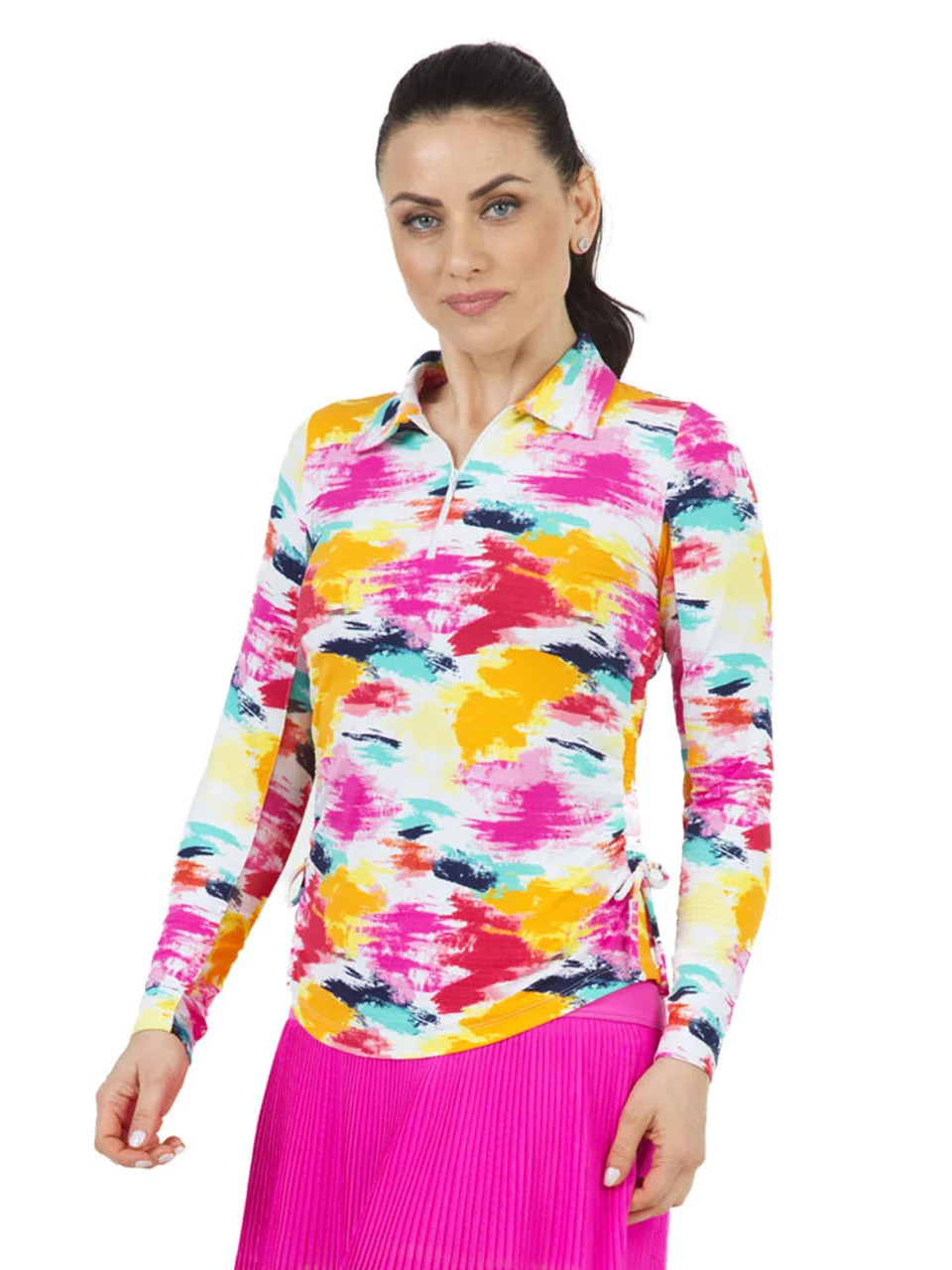 IBKUL Matilda Print Adjustable Long Sleeve Zip Polo - Hot Pink Multi 3 IBKUL Matilda Print Adjustable Long Sleeve Zip Polo - Hot Pink Multi