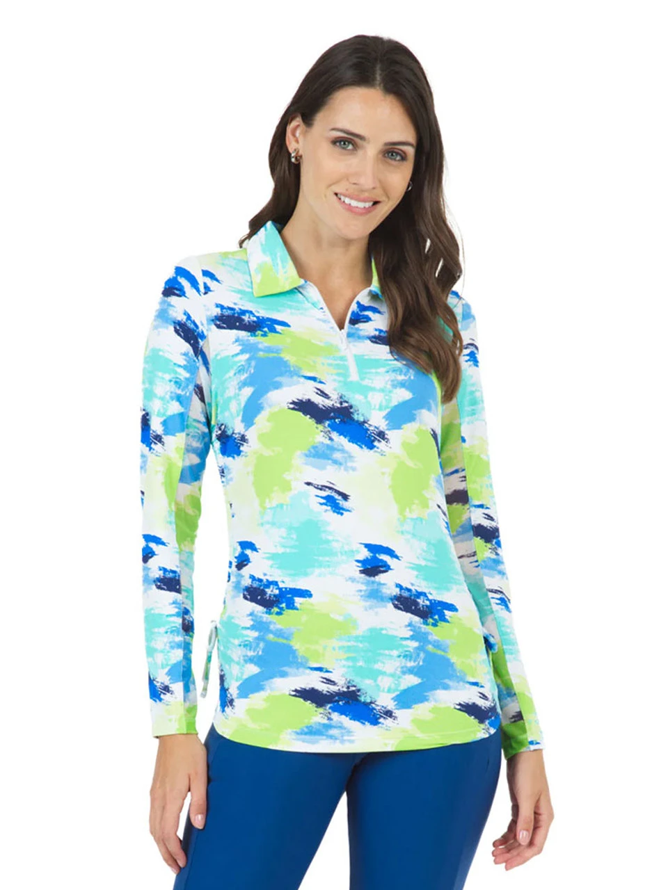 IBKUL Matilda Print Adjustable Long Sleeve Zip Polo - Jade Multi 3 IBKUL Matilda Print Adjustable Long Sleeve Zip Polo - Jade Multi