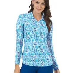 IBKUL Terra Print Adjustable Long Sleeve Zip Polo - Seafoam/Blue